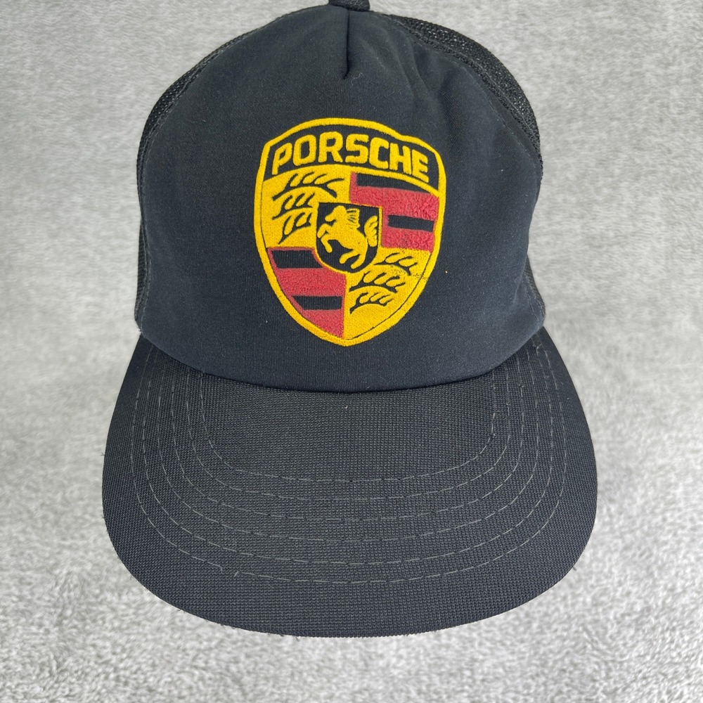 Vintage Porsche Trucker Hat Mens Black Crest Logo Mesh Back Snapback